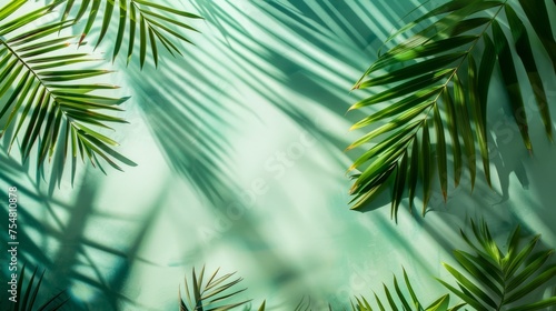 Tropical palm leaves with shadow on green background.