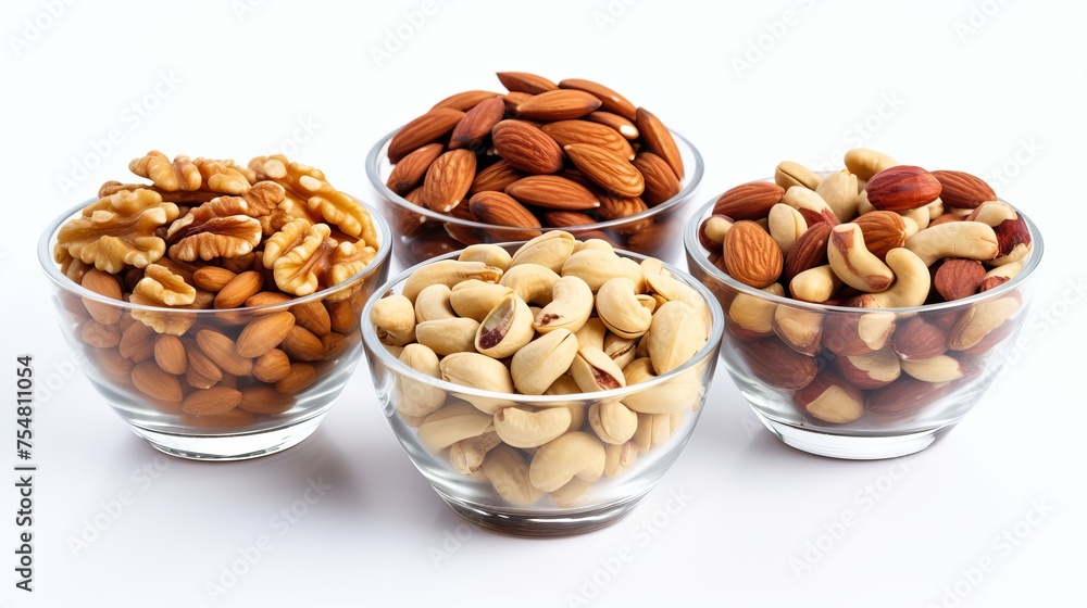 Various toasted nuts are displayed in a glass bowl and isolated on a white background, offering a top-down view.