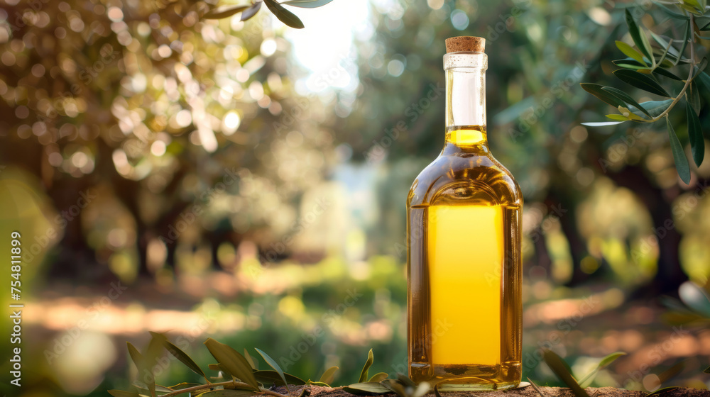 Golden olive oil housed in a transparent bottle foregrounding a serene olive grove Golden olive oil housed in a transparent bottle foregrounding a serene olive grove