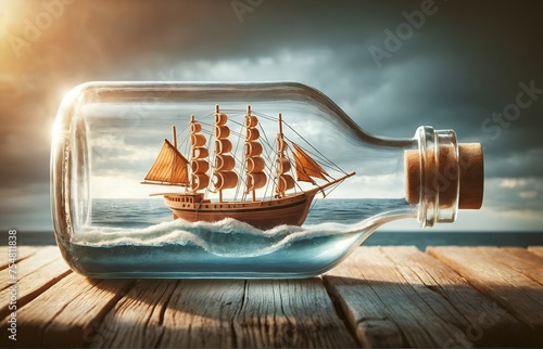 a wooden boat intricately placed inside a clear glass water bottle