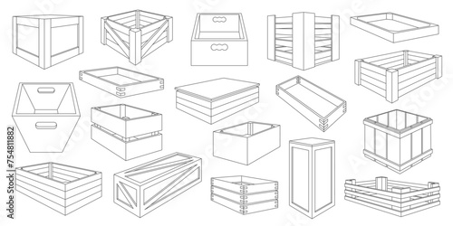 Line wooden boxes. Closed and open wooden crate package, traditional wooden basket and drawer for storage, wooden packaging vector set