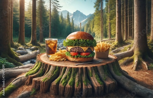 a gourmet burger meal set upon half of a tree trunk in the midst of nature photo