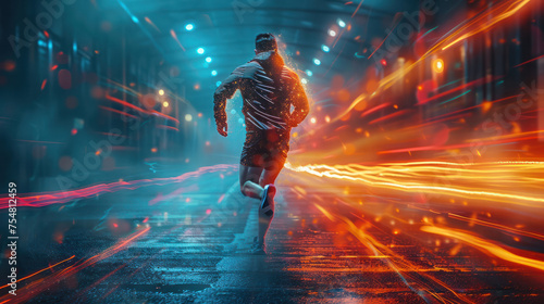 Rearview with male athlete running at speed with long-exposure lighting effect in front of a blue runway background, Generative AI photo