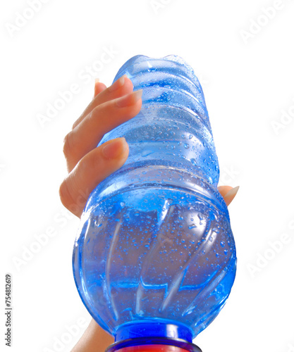 Hand holding drinking mineral water bottle isolated on transparent layered background.
