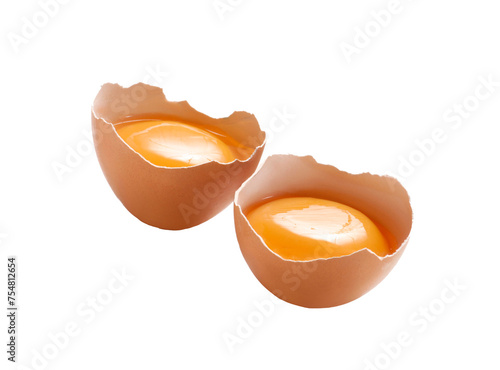 Halved eggshell and egg yolk isolated on transparent background.