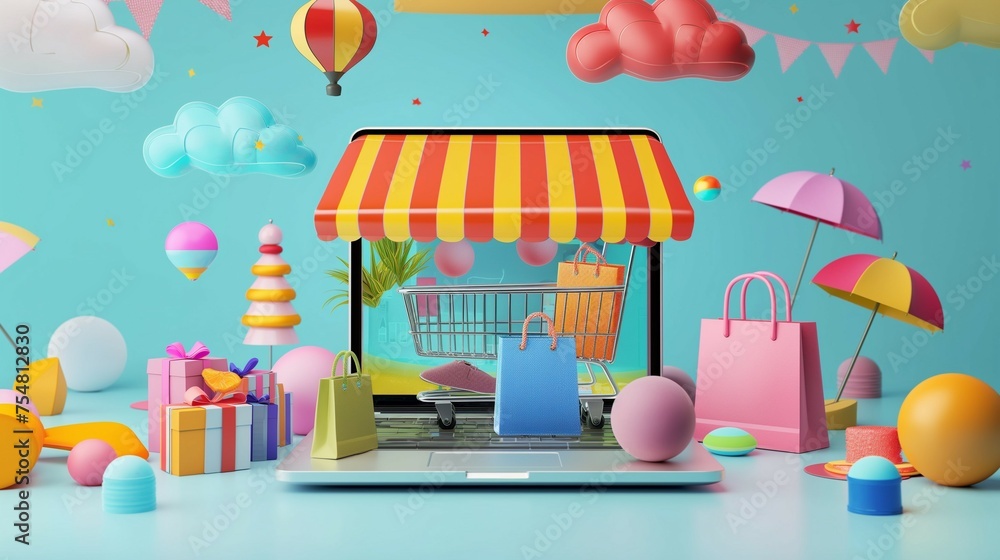 3D illustration of a store with a striped awning. 3D illustration of a store with a striped awning.