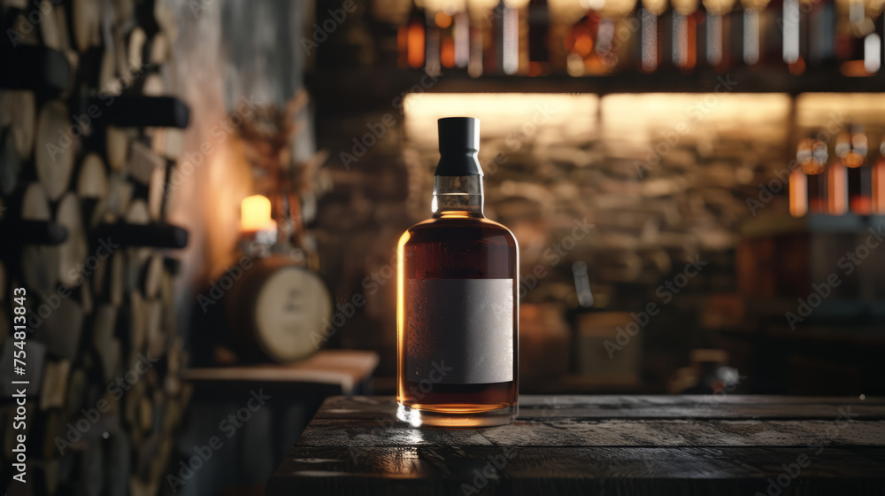 A premium whiskey bottle with a blank label sits on a rustic wooden table in a dimly-lit tavern with a stone wall backdrop A premium whiskey bottle with a blank label sits on a rustic wooden table in a dimly-lit tavern with a stone wall backdrop