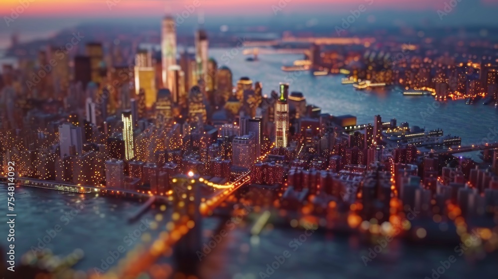 Obraz premium Tilt-shift photography of the New York City. Top view of the city in postcard style. Miniature houses, streets and buildings