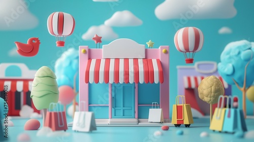 3D illustration of a store with a striped awning.