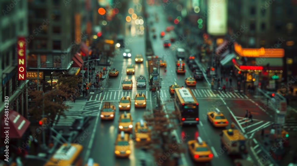 Obraz premium Tilt-shift photography of the New York City. Top view of the city in postcard style. Miniature houses, streets and buildings