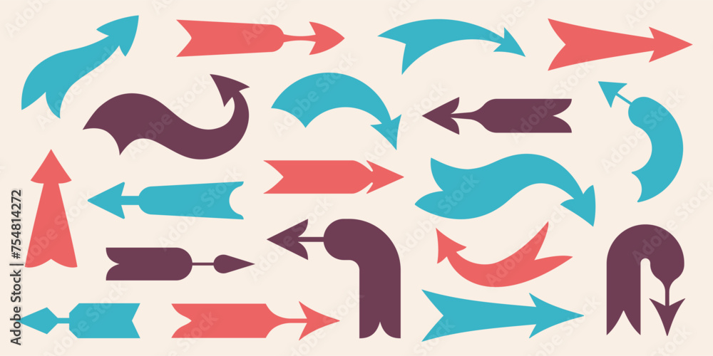 Obraz premium Vintage direction arrows. Retro navigation icons, old simple cursor banner, retro target and navigation pictograms. Vector isolated set