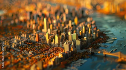 Tilt-shift photography of the New York City. Top view of the city in postcard style. Miniature houses, streets and buildings