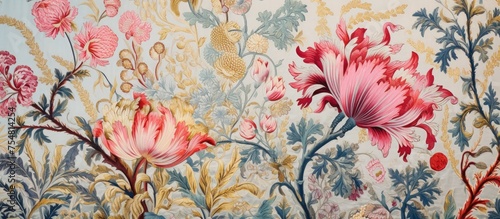 A floral wallpaper featuring pink flowers set against a blue background. The design is reminiscent of the Provence style, with a charming and delicate aesthetic.