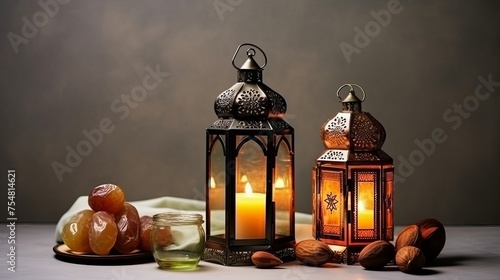 Arabic and Moroccan lanterns with dates in low light, set against a white background with colorful reflections and copy space, symbolizing Eid and Ramadan. © Elchin Abilov