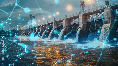 Hydroelectric power station  river  water  renewable energy resource  electric industrial technology  factory  natural  environment  landscape