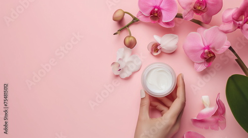 Hands holding a jar of moisturizing beauty cream with pink orchids on a pastel background, skin care