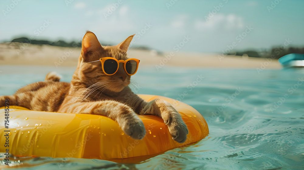 Lazy cat with kids sunglasses laying on top of a pool float