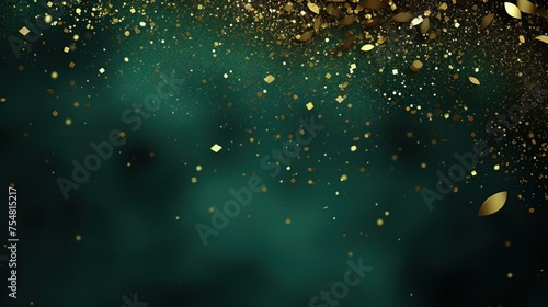 Festive golden confetti on a dark green background, suitable for celebration themes, party decorations, or as a vibrant background for design projects.