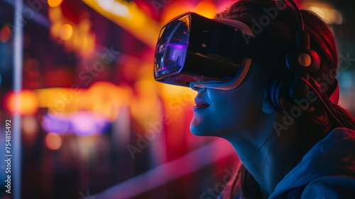 Young woman in VR helmet experimenting immersive experience at night. Virtual Reality, neon glow