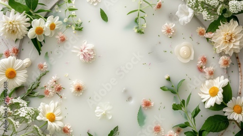 A bathtub filled with milk and various bright flowers and petals. Concept of spa salon, body care, top view  © Tatiana