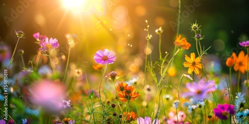 A field of wildflowers illuminated by the warm glow of a setting sun, showcasing nature's vivid colors. © tashechka