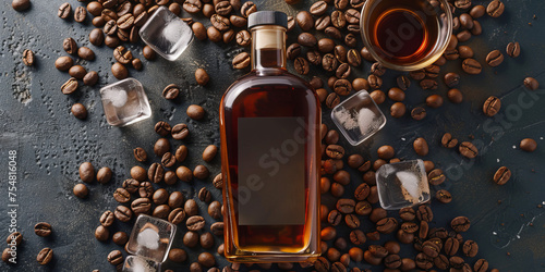 A bird's-eye view of a fine whiskey bottle encircled with coffee beans and ice cubes, depicting luxury