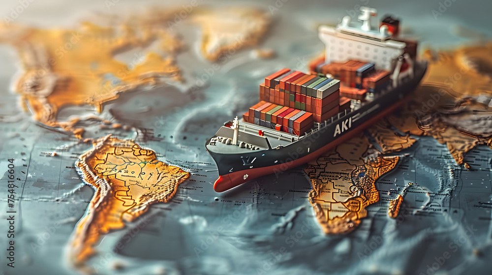Globalisation Container Container ship model on world map , transcontinental transportation or ...