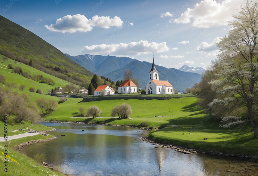 Spring landscape with church and river