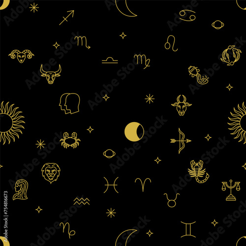 Horoscope Zodiac Black Seamless Pattern. Vector Line Illustration of Gold Backcground. (ID: 754816673)