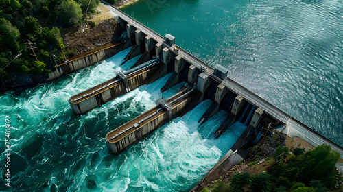 water dam view from above, renewable energy, aerial landscape © Jan