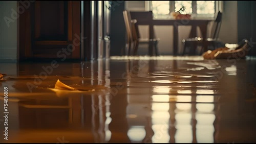 Flooding in the house interior, insurance case. Flood background with copy space. 