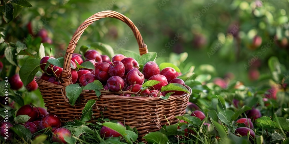 A rustic wicker basket full of ripe plums in a lush orchard setting, signifying harvest time. A rustic wicker basket full of ripe plums in a lush orchard setting, signifying harvest time.