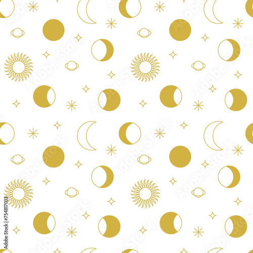 Moon Phases Seamless Pattern. Vector Illustration oof Gold Line Sky Sun Background. (ID: 754817033)