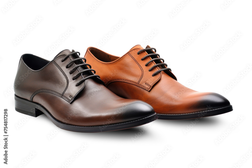 A pair of stylish mens shoes in brown and black colors placed on a plain white background. Isolated