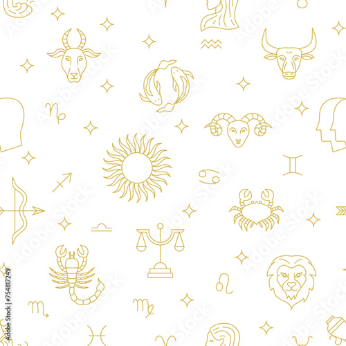 Zodiac Sky Line Seamless Pattern. Vector Illustration of Horoscope Gold Background. (ID: 754817249)