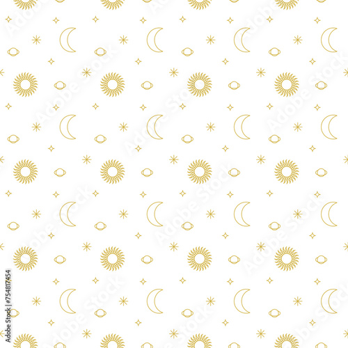 Sun Moon Planet Seamless Pattern. Vector Illustratin of Line Gold Sky Planet Background. (ID: 754817454)