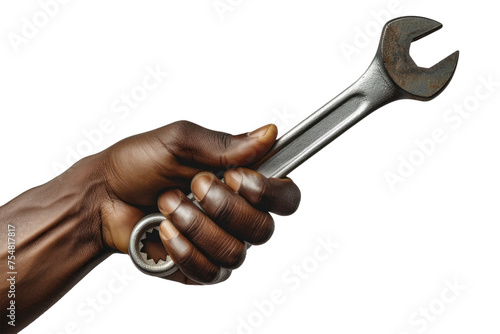 Hand Holding Wrench on White Background