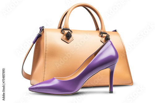 A stylish womans handbag and a pair of high heel shoes placed together, showcasing modern fashion accessories. Isolated