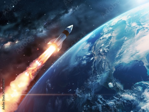 Rocket flying into space, with the earth visible in the background. 