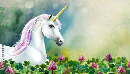 Unicorn with rainbow colored mane in a field of clovers, St Patrick's day, watercolor illustration