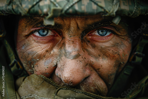 Ukrainian soldier warrior, tired face close up