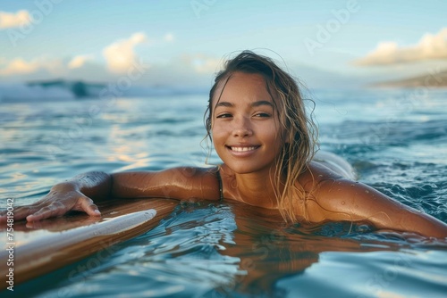 Young surfer girl enjoying the ocean waves at sunset with a smile, relaxed and content