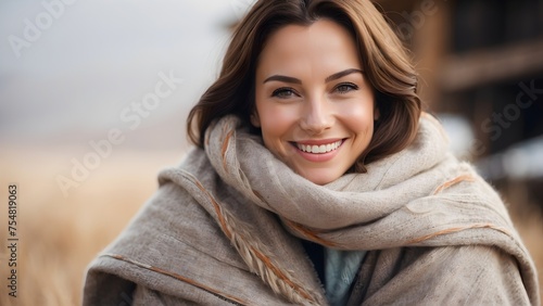 A heartwarming portrait of a woman with a tender smile, the comfort of a warm blanket wrapped around her, generative AI