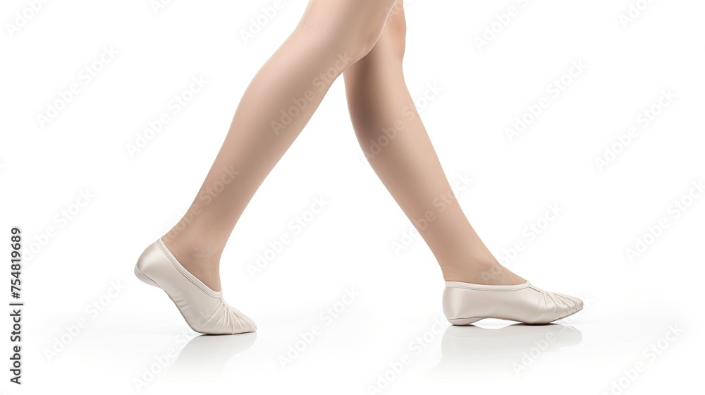 A woman is walking with her legs apart and wearing white shoes