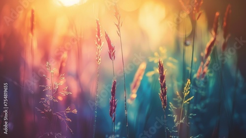 Wild grass in the forest at sunset.