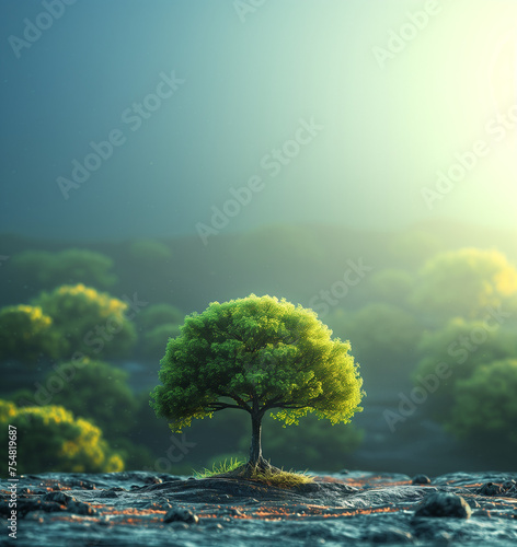 tree on the hill with large copy space