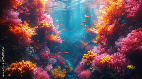Surreal underwater scene with colourful coral