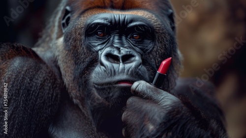 The monkey is holding red lipstick in his hands. Parody of beauty advertising with a gorilla photo