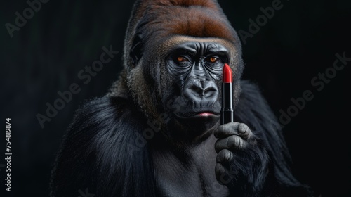 The monkey is holding red lipstick in his hands. Parody of beauty advertising with a gorilla © Vladimir