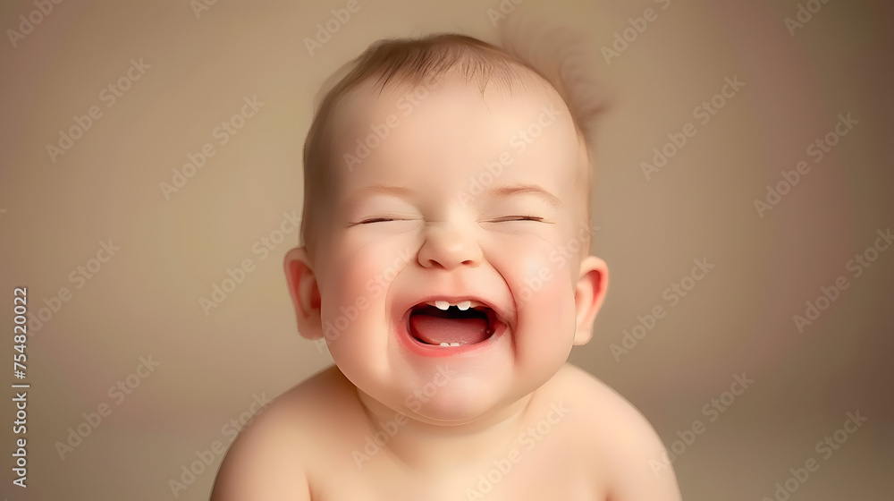 Close-up of a cheerful baby laughing heartily with eyes squeezed shut against a soft background.
